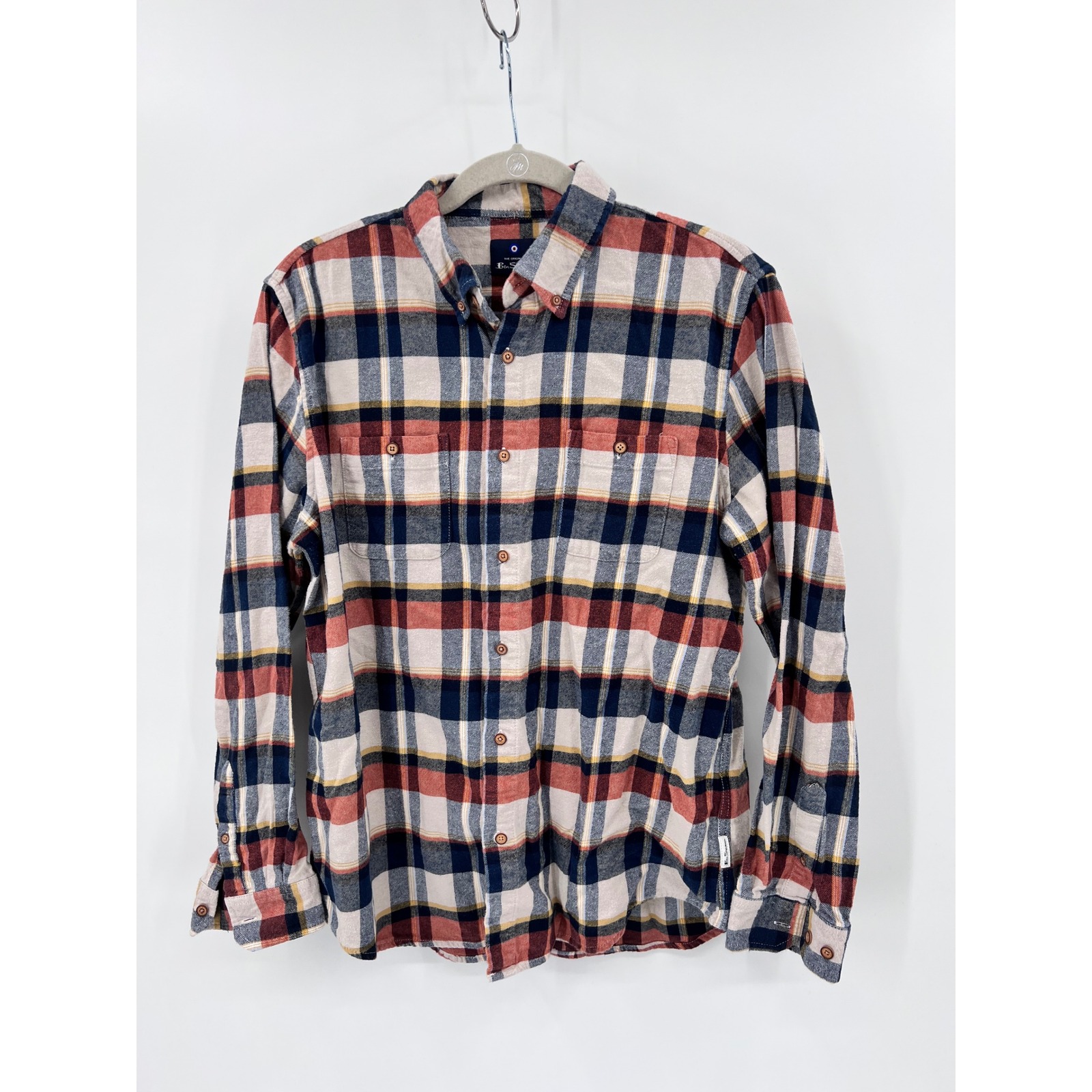 Ben Sherman Plaid Flannel Button Down Shirt Navy Red Cream Large